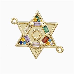 Copper David Star Connector Pave Multicolor Zirconia 18K Gold Plated, approx 18mm