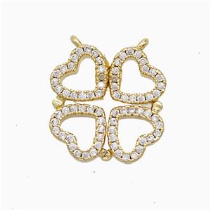 Copper Clover Pendant Pave Zirconia Heart 2loops 18K Gold Plated, approx 16-17mm