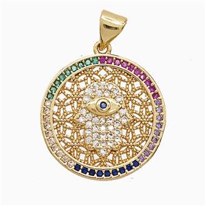 Copper Hamsahand Pendant Pave Zirconia Circle 18K Gold Plated, approx 19mm