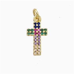 Copper Cross Pendant Pave Multicolor Zirconia 18K Gold Plated, approx 8-13mm