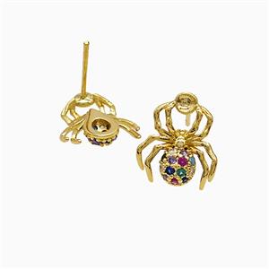 Copper Spider Stud Earrings Pave Multicolor Zirconia 18K Gold Plated, approx 12-14mm