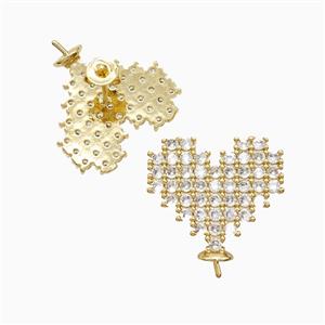 Copper Heart Stud Earrings Pave Zirconia With Bail 18K Gold Plated, approx 20mm
