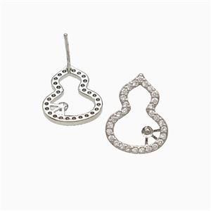 Copper Gourd Stud Earrings Pave Zirconia Platinum Plated, approx 12-15mm