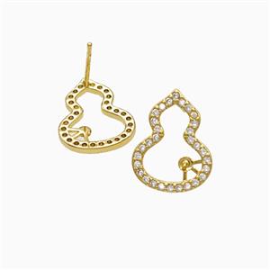 Copper Gourd Stud Earrings Pave Zirconia 18K Gold Plated, approx 12-15mm