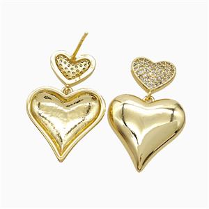 Copper Heart Stud Earrings Pave Zirconia 18K Gold Plated, approx 11mm, 18mm