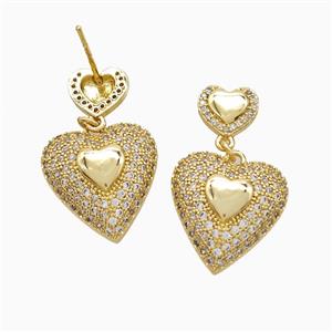 Copper Heart Stud Earrings Pave Zirconia 18K Gold Plated, approx 9mm, 17mm