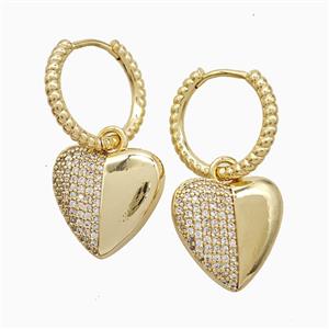 Copper Heart Hoop Earrings Pave Zirconia 18K Gold Plated, approx 16mm, 17mm dia