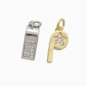 Copper Whistle Pendant Pave Zirconia Star Mixed, approx 7-12mm