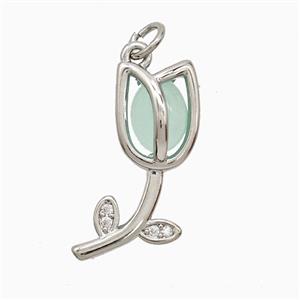Copper Tulip Pendant Pave Jade Flower Platinum Plated, approx 9-21mm