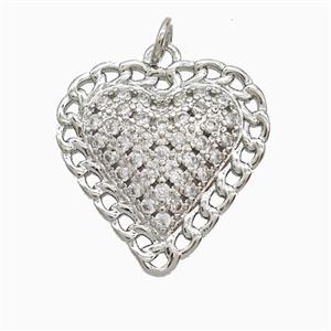 Copper Heart Pendant Pave Zirconia Platinum Plated, approx 20mm