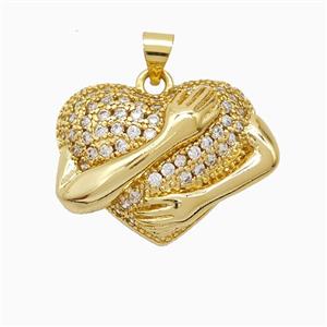 Copper Heart Pendant Pave Zirconia Love Hug Hands Gold Plated, approx 19-25mm