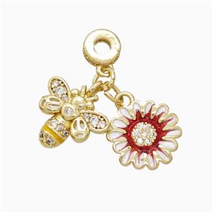 Honeybee And Flower Copper Pendant Pave Zirconia Enamel Gold Plated, approx 13-14mm, 7mm dia