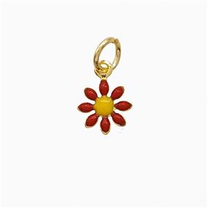 Copper Flower Pendant Red Enamel Gold Plated, approx 7.5mm