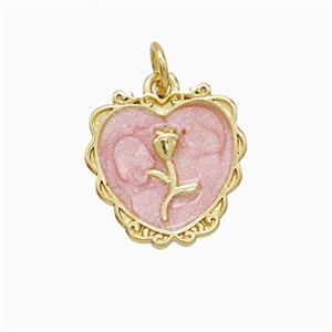 Copper Flower Heart Pendant Pink Painted Gold Plated, approx 14-15mm