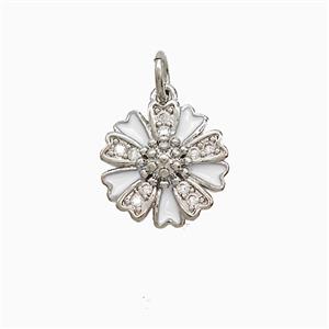Copper Flower Pendant Pave Zirconia White Enamel Platinum Plated, approx 12mm