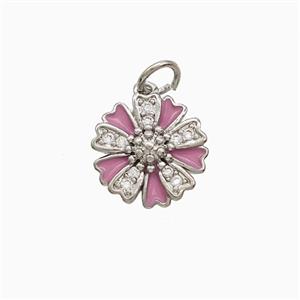 Copper Flower Pendant Pave Zirconia Pink Enamel Platinum Plated, approx 12mm