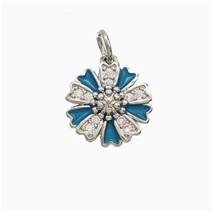 Copper Flower Pendant Pave Zirconia Blue Enamel Platinum Plated, approx 12mm