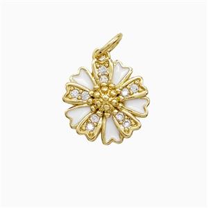 Copper Flower Pendant Pave Zirconia White Enamel Gold Plated, approx 12mm