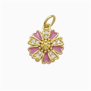 Copper Flower Pendant Pave Zirconia Pink Enamel Gold Plated, approx 12mm
