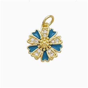 Copper Flower Pendant Pave Zirconia Blue Enamel Gold Plated, approx 12mm