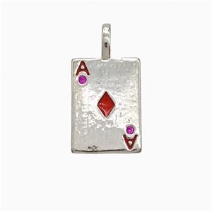 Playing Card Charms Copper ACE Diamonds Pendant Pave Zirconia Red Enamel Platinum Plated, approx 10-14mm