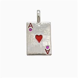 Playing Card Charms Copper ACE Heart Pendant Pave Zirconia Red Enamel Platinum Plated, approx 10-14mm