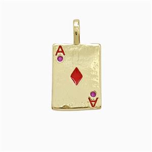 Playing Card Charms Copper ACE Diamonds Pendant Pave Zirconia Red Enamel Gold Plated, approx 10-14mm