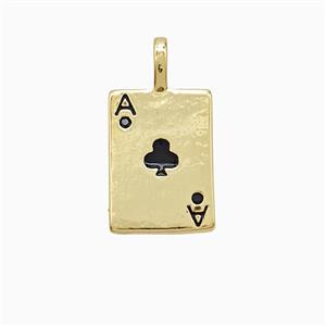 Playing Card Charms Copper ACE Clubs Pendant Pave Zirconia Black Enamel Gold Plated, approx 10-14mm