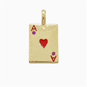 Playing Card Charms Copper ACE Heart Pendant Pave Zirconia Red Enamel Gold Plated, approx 10-14mm