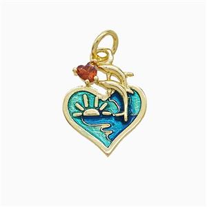 Copper Dolphin Sun Heart Pendant Green Painted Gold Plated, approx 12-14mm