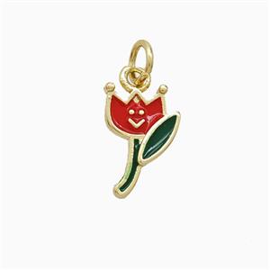 Copper Tulip Pendant Red Green Enamel Flower Gold Plated, approx 8-12mm