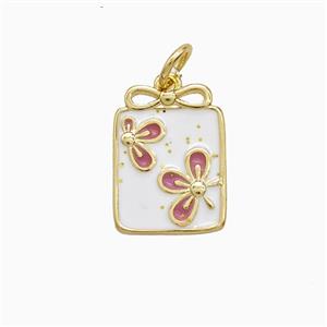 Copper Flower Pendant White Pink Enamel Rectangle Gold Plated, approx 11-15mm