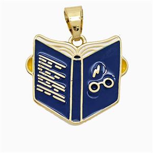 Book Charms Copper Pendant Blue Enamel Gold Plated, approx 18mm