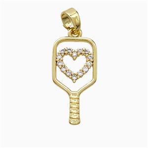 Pickleball Paddle Copper Pendant Pave Zirconia Heart Sports Gold Plated, approx 10-20mm