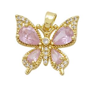Copper Butterfly Pendant Pvae Zirconia Pink Crystal Glass Gold Plated, approx 16-18mm