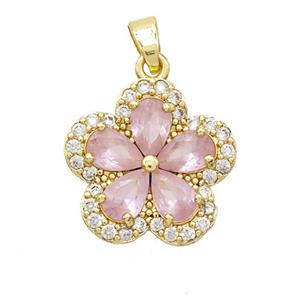 Copper Flower Pendant Pvae Zirconia Pink Crystal Glass Gold Plated, approx 17mm