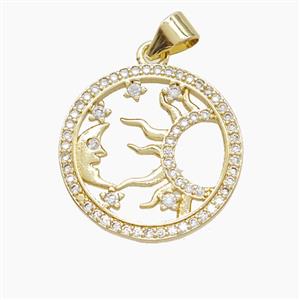 Copper Sun Moon Pendant Pave Zirconia Gold Plated, approx 20mm