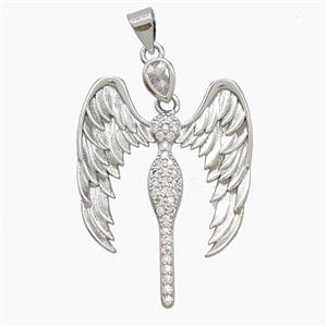 Copper Fairy Pendant Pave Zirconia Angel Wings Platinum Plated, approx 23-32mm