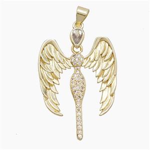 Copper Fairy Pendant Pave Zirconia Angel Wings Gold Plated, approx 23-32mm
