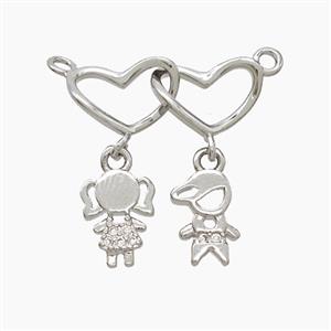 Copper Heart Kids Pendant Pave Zirconia 2loops Platinum Plated, approx 6-10mm, 20mm