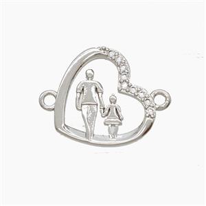 Copper Heart Pendant Pave Zirconia Father and Daughter 2loops Platinum Plated, approx 16mm