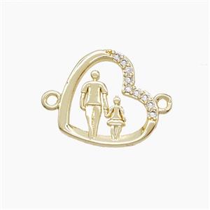 Copper Heart Pendant Pave Zirconia Father and Daughter 2loops Gold Plated, approx 16mm