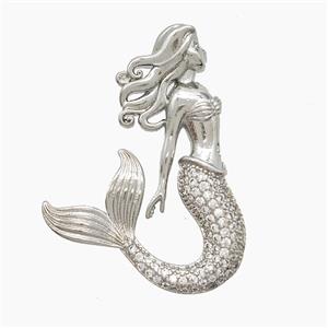 Copper Mermaid Pendant Pave Zirconia Platinum Plated, approx 26-35mm