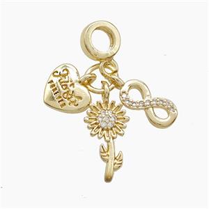 Copper Heart And Infinity Sunflower Pendant Pave Zirconia Gold Plated, approx 5-15mm, 7mm dia