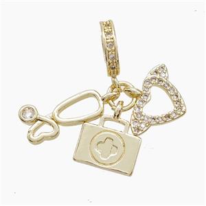 Copper Stethoscope And Heart Aidkit Pendant Pave Zirconia Gold Plated, approx 8-16mm, 10mm dia