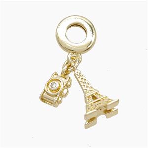 Copper Eiffel Tower And Camera Pendant Pave Zirconia Gold Plated, approx 6-14mm, 10mm dia