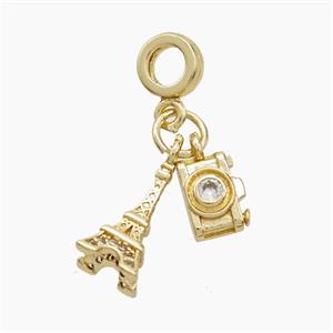 Copper Eiffel Tower And Camera Pendant Pave Zirconia Gold Plated, approx 6-14mm, 10mm dia