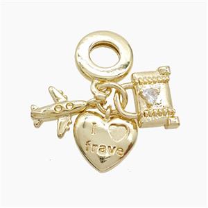 Copper Heart And Airplane Lock Pendant Pave Crystal Glass Gold Plated, approx 10mm, 10mm dia