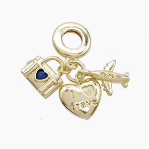 Copper Heart And Airplane Lock Pendant Pave Crystal Glass Gold Plated, approx 10mm, 10mm dia