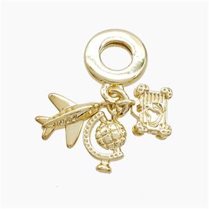 Copper Airplane And Blobe Suitcase Pendant Gold Plated, approx 8-12mm, 10mm dia